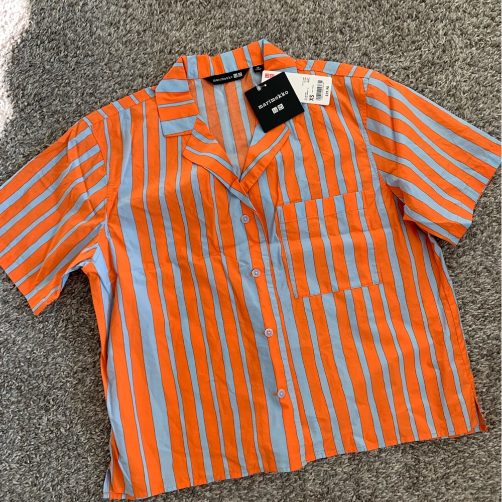 Uniqlo Classic Marimekko Orange and Gray Striped Button-Up Shirt